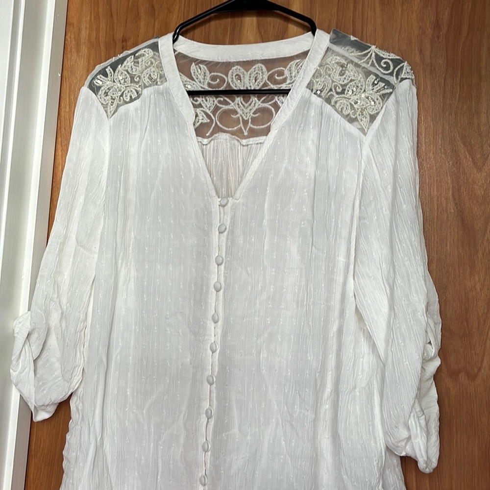 Torrid gauze shirt with lace and sequin detail
